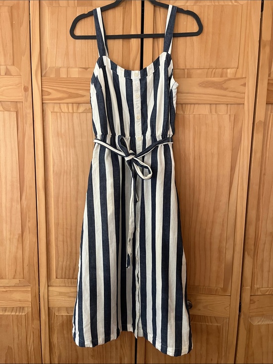 Pact Organic Dresses & Skirts - Striped Navy and White Linen Midi Dress with Tie Waist